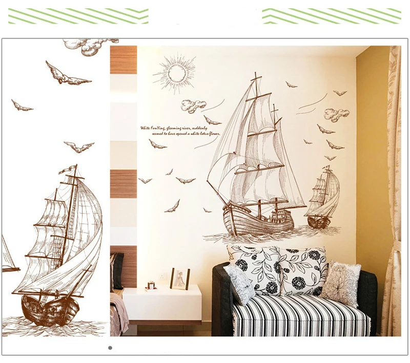 DIY Sailboat Voyage Seabirds Landscape Large Wall Stickers Home Decor Living Roo